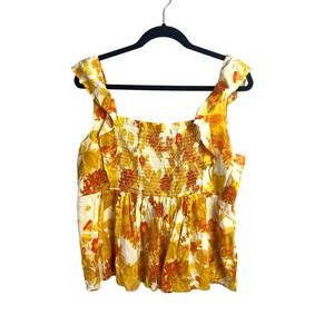 Rose + Olive Floral Smocked Babydoll Tank Size Medium Flutter Sleeves‎ Yellow